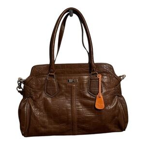 COLE HAAN Leather Crocodile Embossed Brown Satchel Crossbody Strap Handle 16x11”
